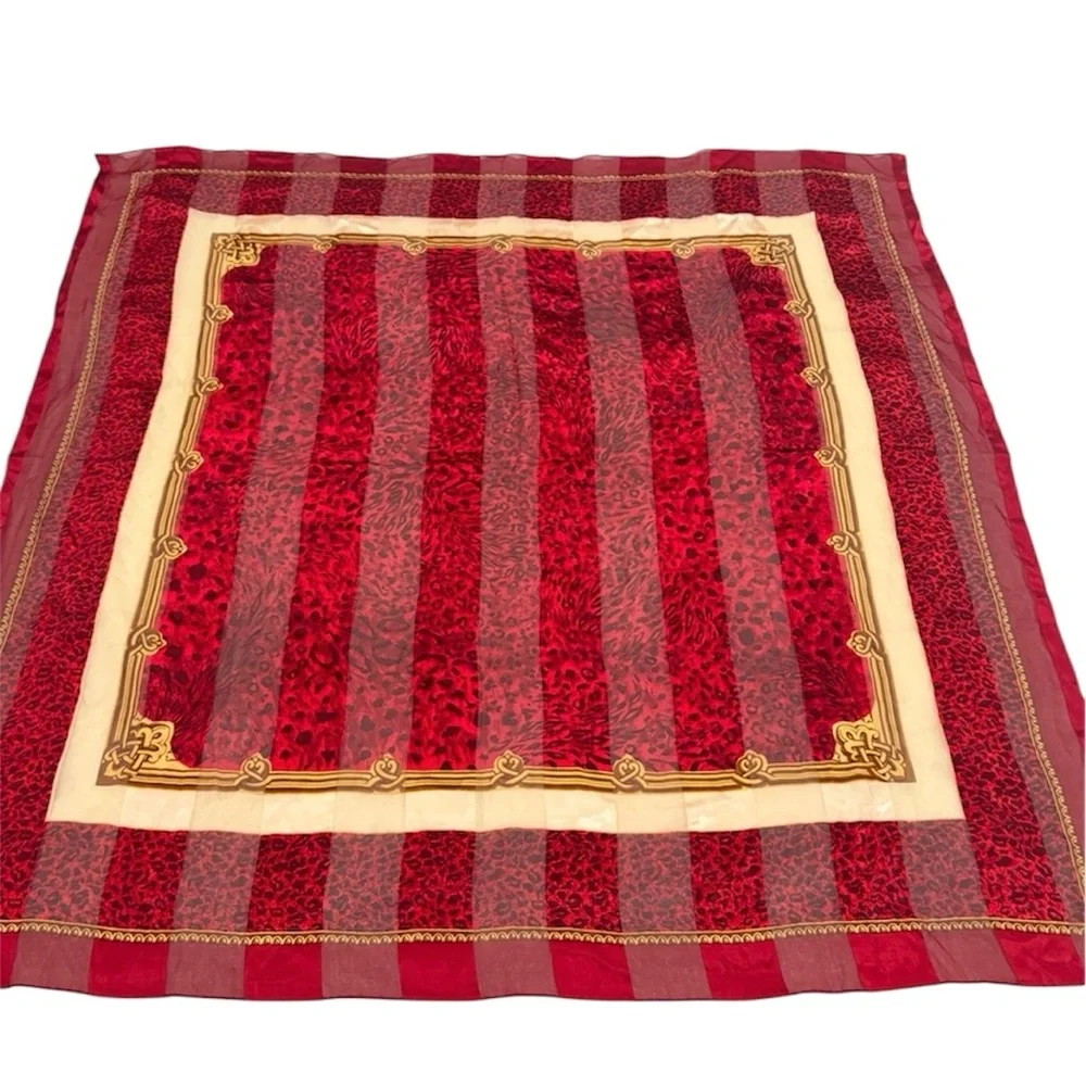 Vintage Hand Rolled Silk Scarf Red Animal Print Square Large 34” NWT Classic